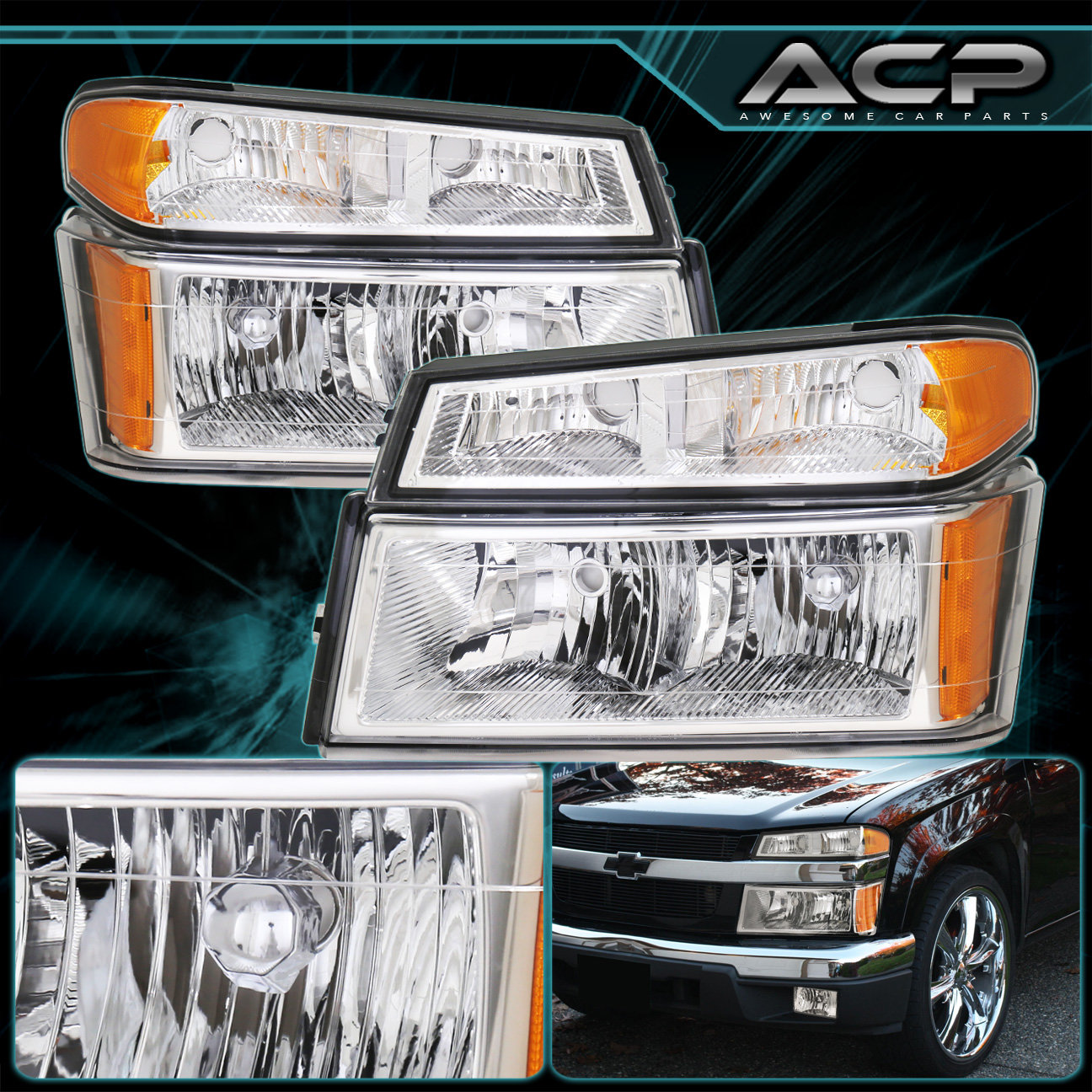 Chrome Housing Headlight Bumper Corner Amber For 04-12 Chevy Colorado 