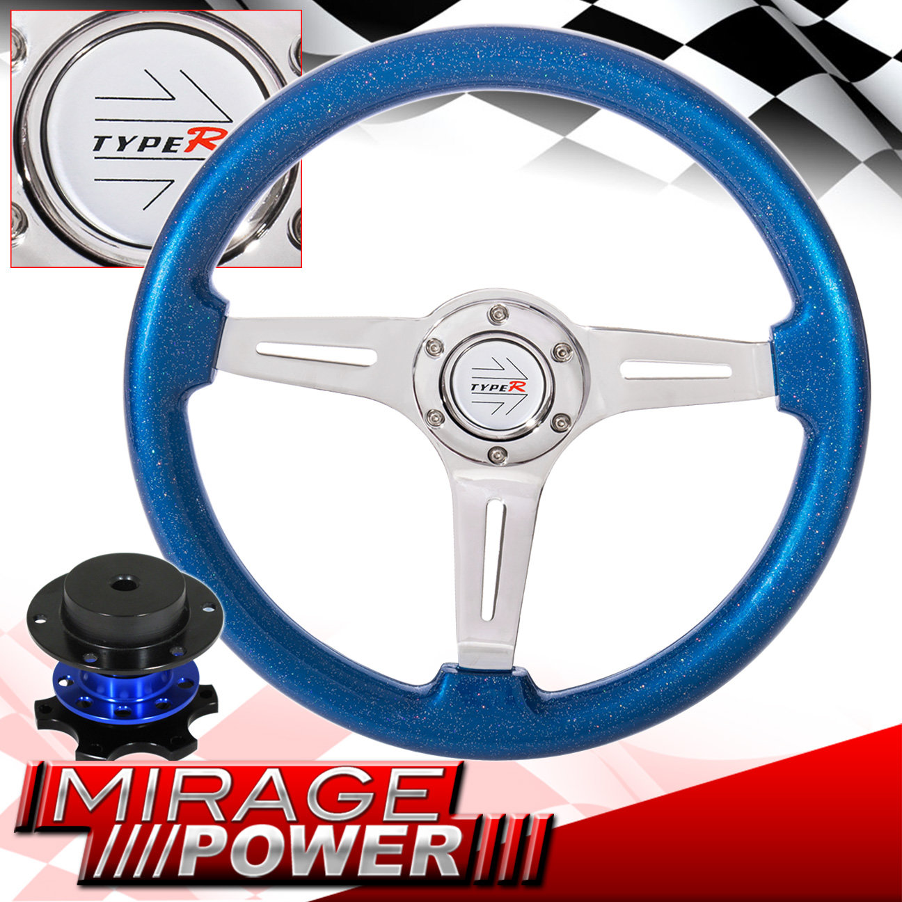 345mm Metallic Ocean Blue Steering Wheel + Blue Competition Style Quick 