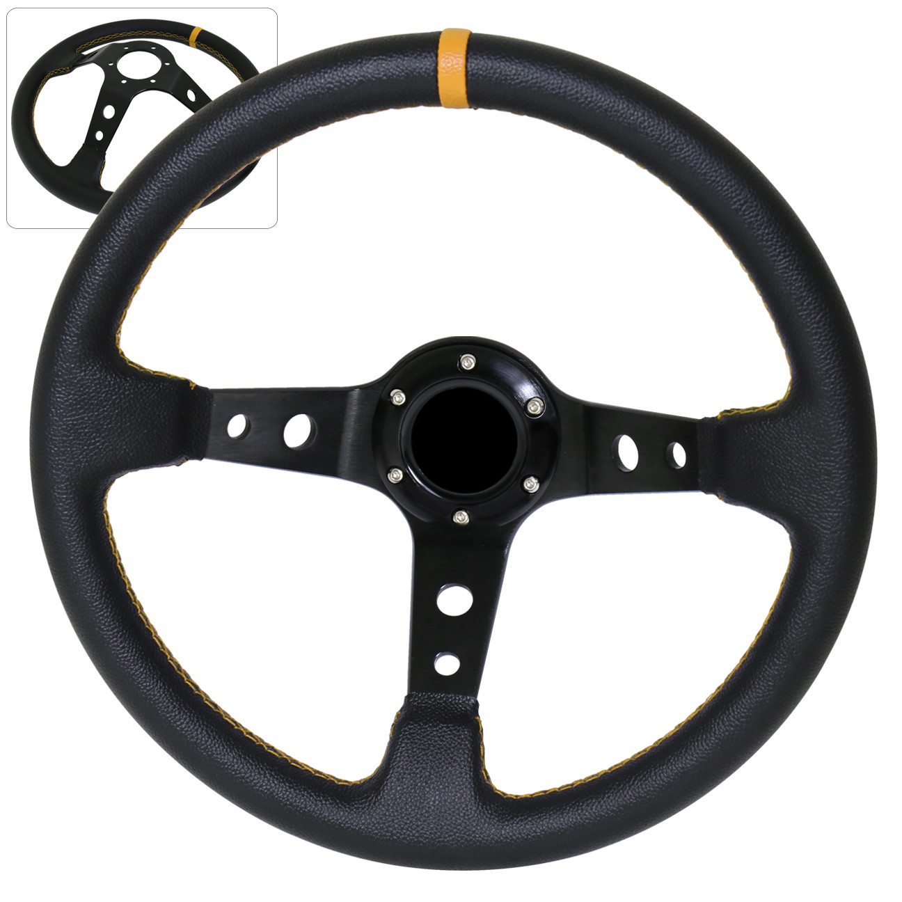 Universal 6 Bolt Hole 350mm Deep Dish Steering Wheel Pvc Black Yellow 