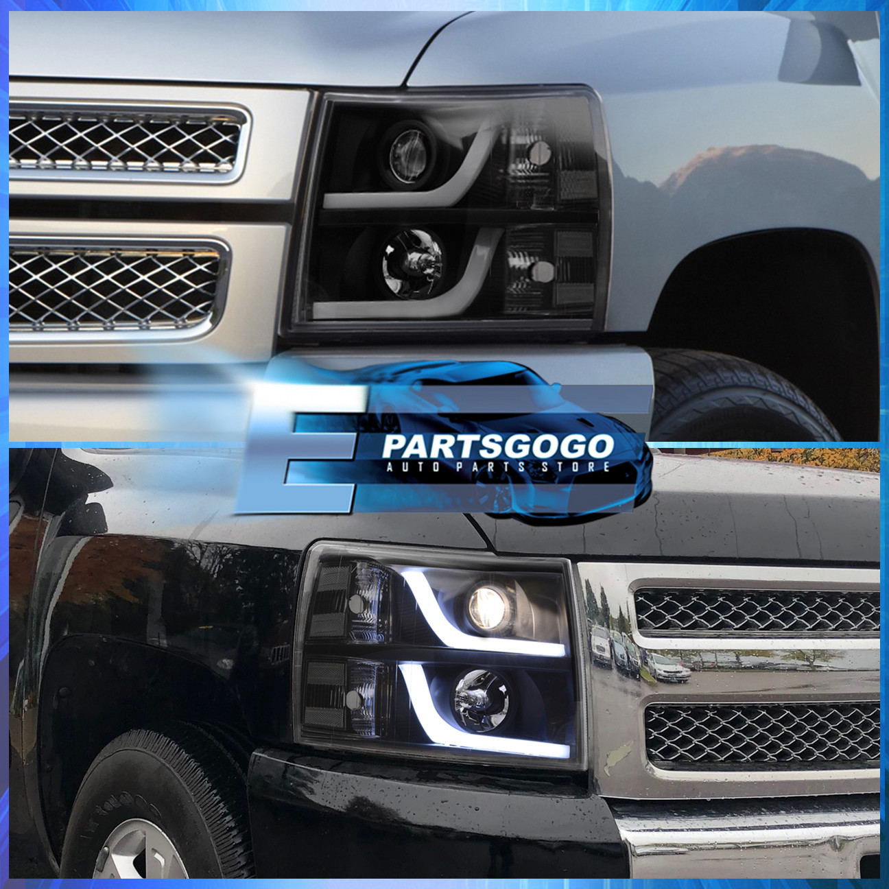 For 07-13 Chevrolet Silverado Black Drl Headlights Clear Led Tail